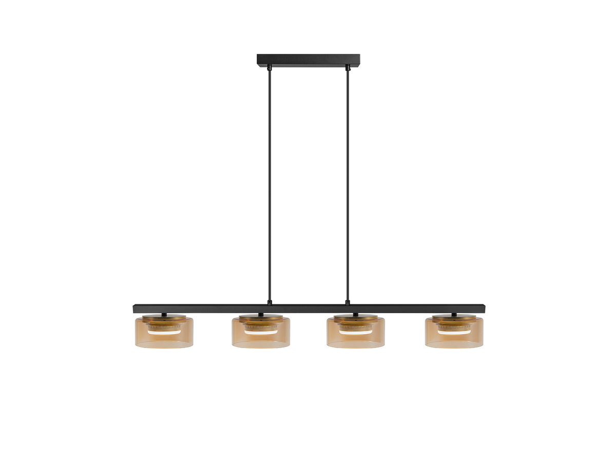 Lámpara colgante Olaia negra y ámbar de Schuller (12689) en comedor moderno: 4 luces, diseño industrial con cristal y metal, regulable en altura, ideal para salón y recibidor.