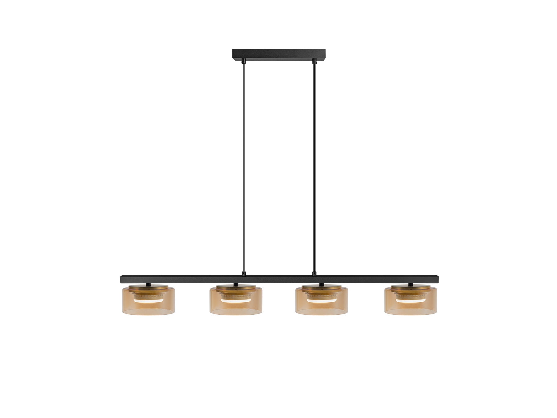 Lámpara colgante Olaia negra y ámbar de Schuller (12689) en comedor moderno: 4 luces, diseño industrial con cristal y metal, regulable en altura, ideal para salón y recibidor.