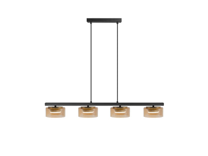 Lámpara colgante Olaia negra y ámbar de Schuller (12689) en comedor moderno: 4 luces, diseño industrial con cristal y metal, regulable en altura, ideal para salón y recibidor.