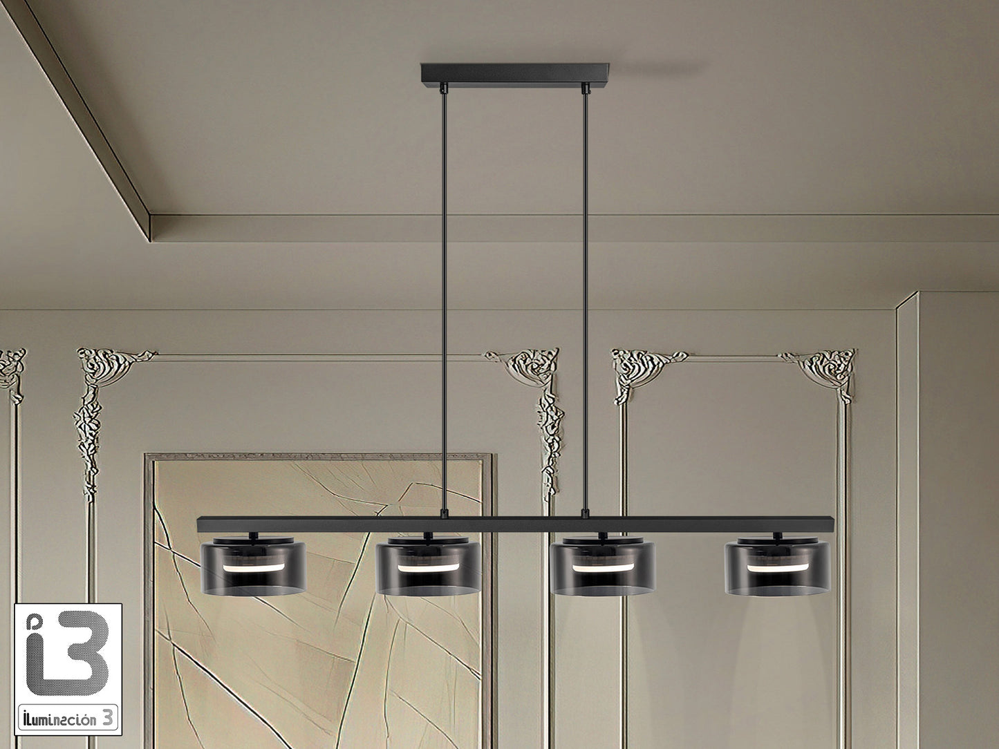 Lámpara de techo Olaia negro mate Smoky para comedor o salón, diseño moderno de metal y cristal | Schuller 12695