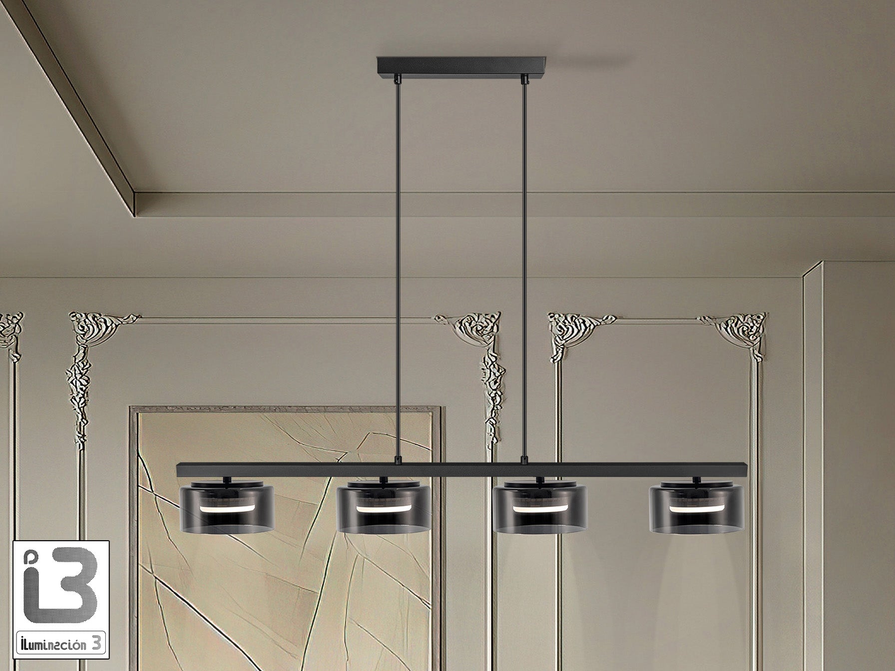 Lámpara de techo Olaia negro mate Smoky para comedor o salón, diseño moderno de metal y cristal | Schuller 12695