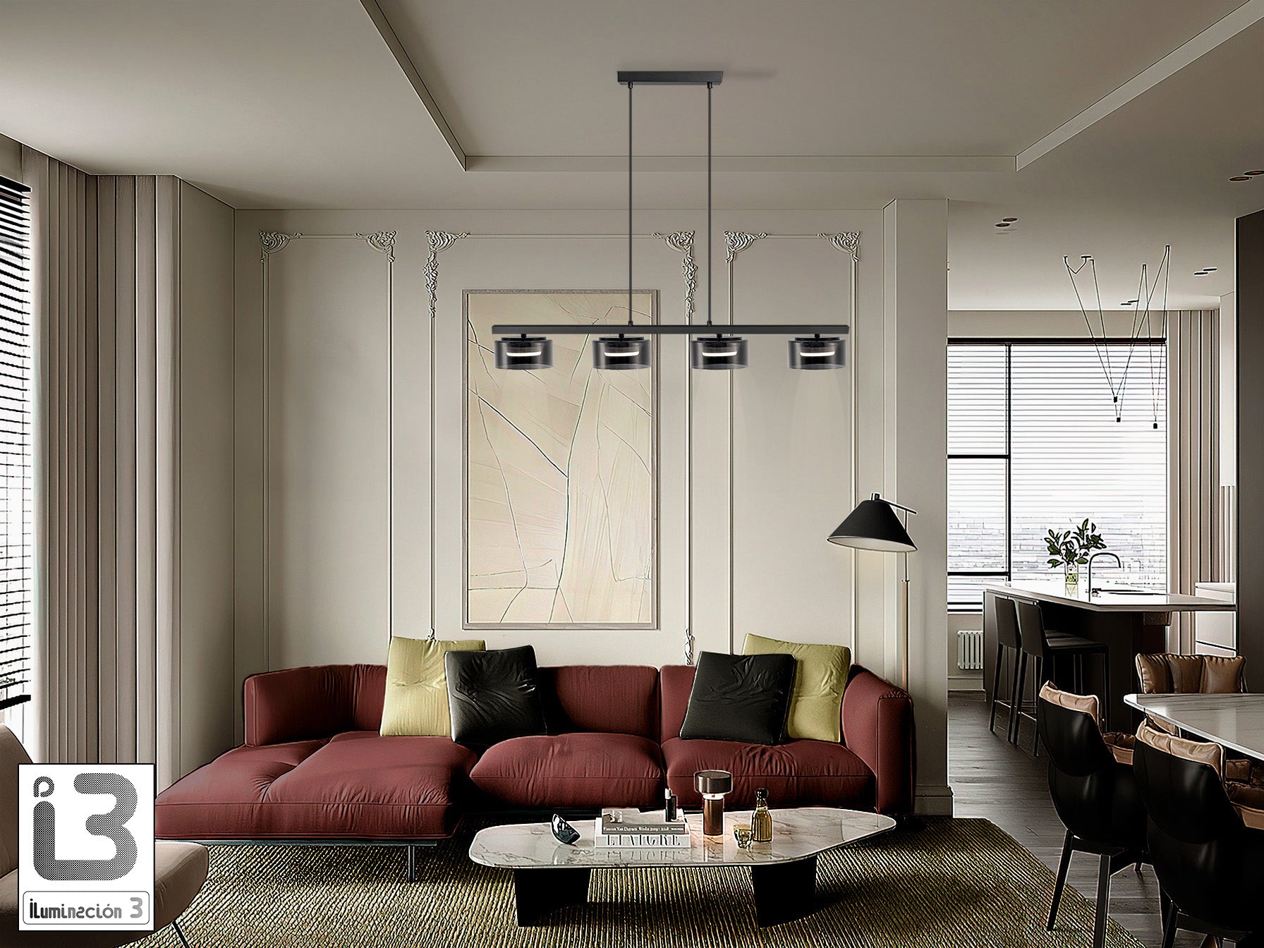 Lámpara de techo Olaia negra mate con cristal ahumado para comedor o salón moderno de Schuller (modelo 12695)