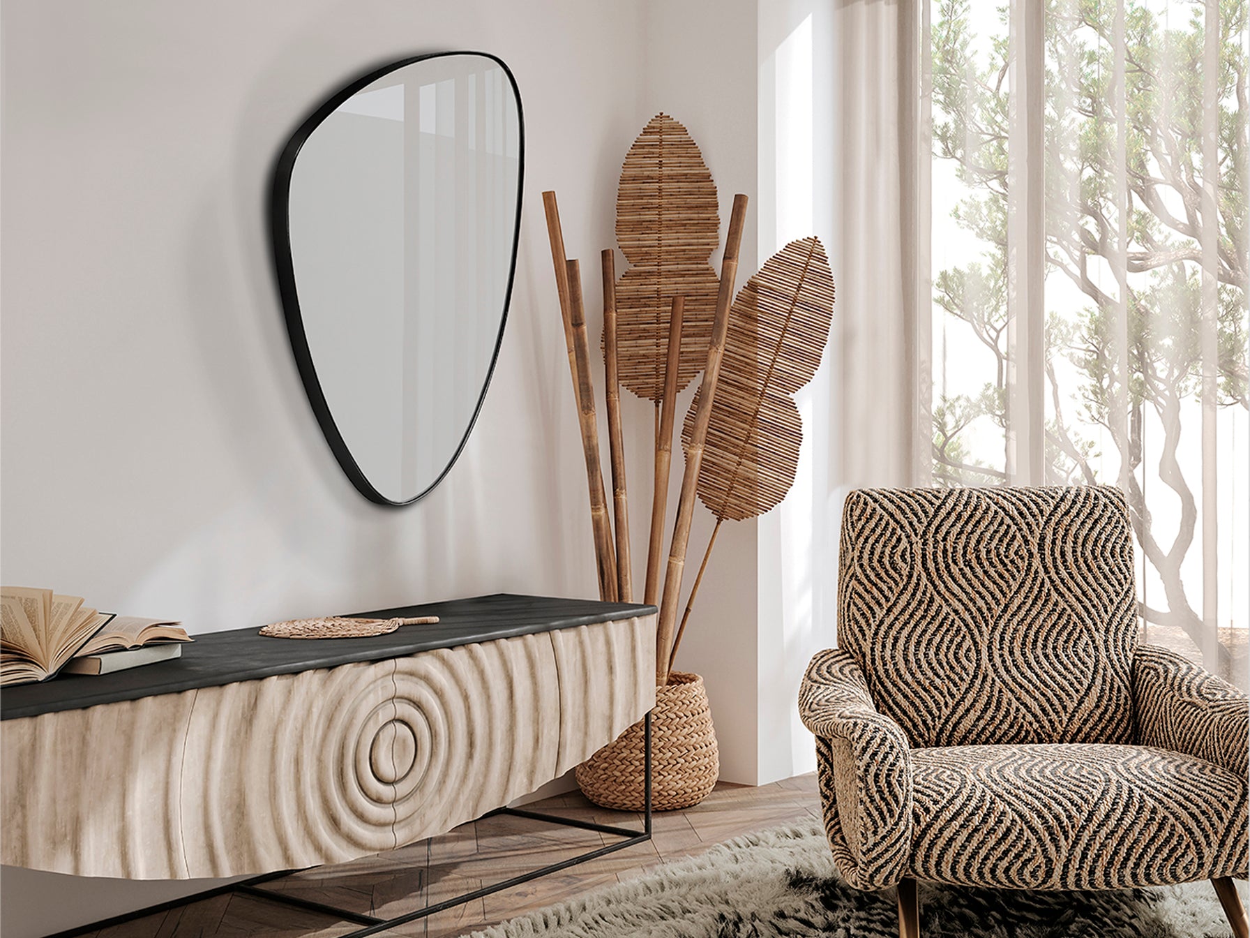 Espejo Orio triangular negro mate Schuller en dormitorio moderno.