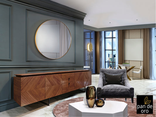 Espejo redondo ORIO pan de oro Schuller Ø120cm - Elegante espejo de lujo para salón, diseño glam con marco dorado.