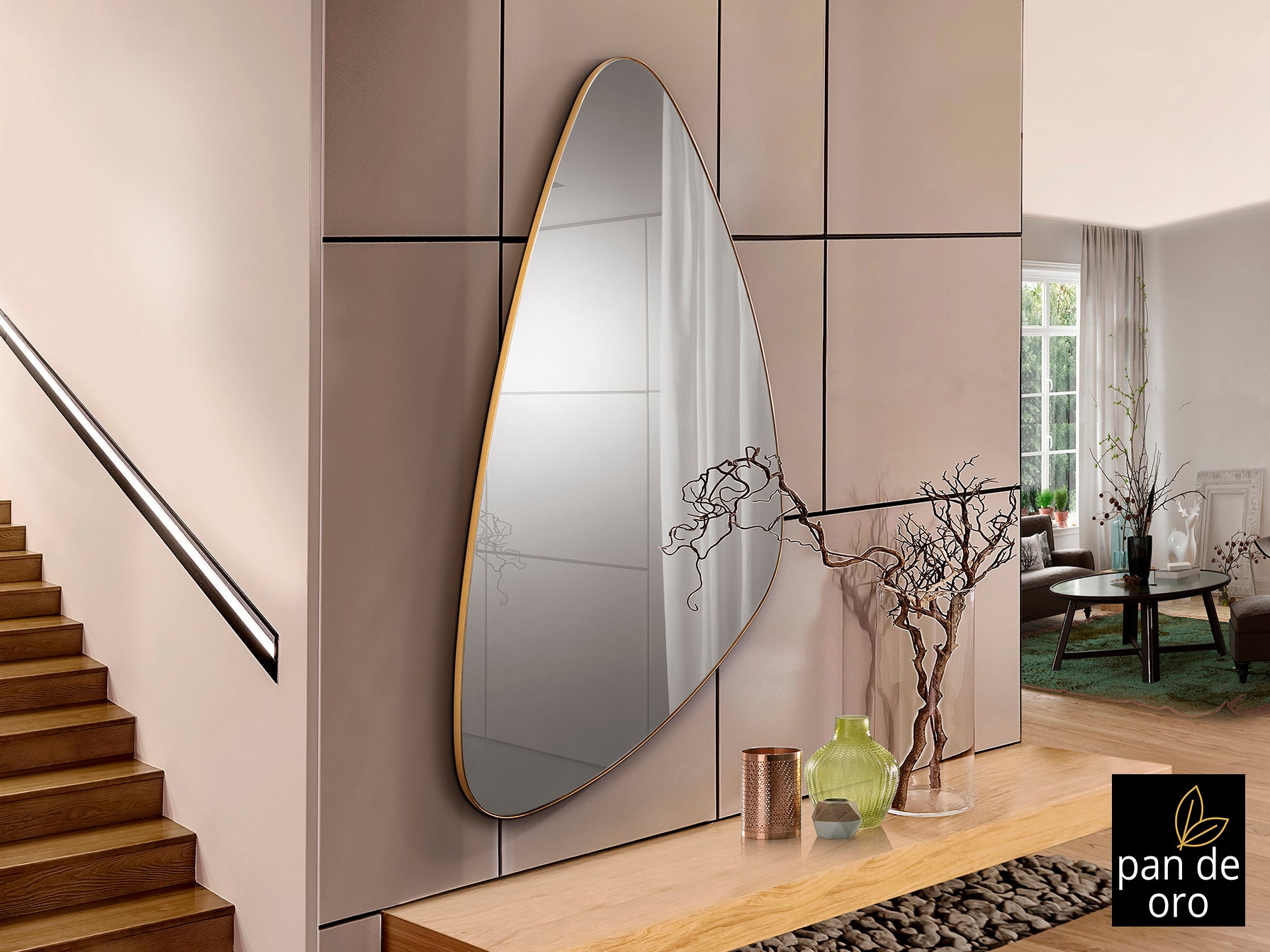 Espejo Orio Triangular Pan de Oro Schuller 127646 - Espejo de pared decorativo Art Decó moderno para dormitorio, recibidor o salón.