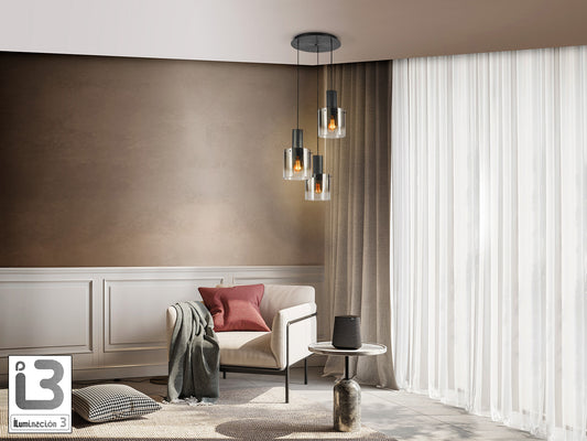 Lámpara de techo Venize 3L negra con cristal smoke colgando, estilo moderno e industrial-chic, regulable en altura, ideal para la iluminación del salón. Marca Schuller, modelo 12810.