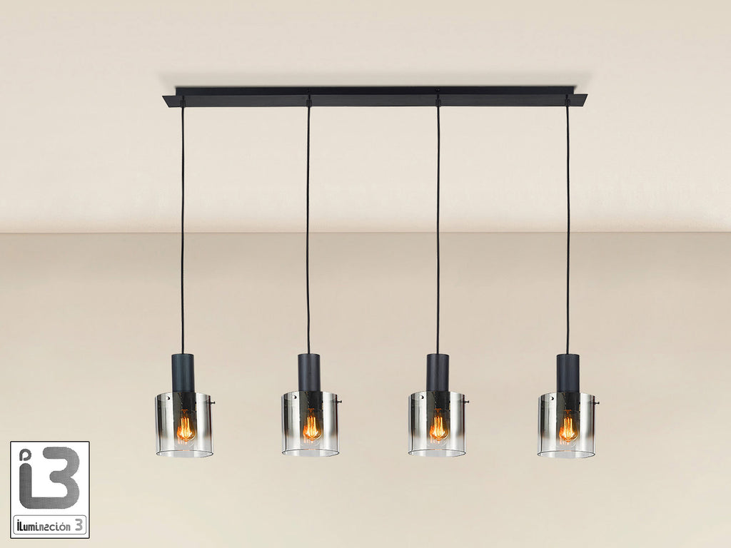 Lámpara de techo I3-Venize negra smoke de Schuller en salón moderno con cristal y metal, ideal para iluminación industrial.