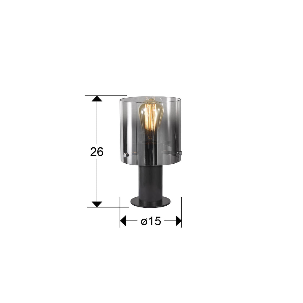 Medidas de Lámpara de sobremesa Venize negro smoke de Schuller en salón moderno. Cristal smoke y metal negro satinado. Iluminación industrial para dormitorio con bombilla E27 (12837).