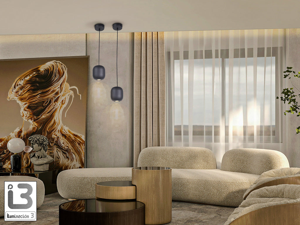 Lámpara colgante Nimes negra mate para cocina, comedor o salón de estilo industrial y moderno. Diseño minimalista de metal, regulable y con bombilla GU10. Marca Schuller.