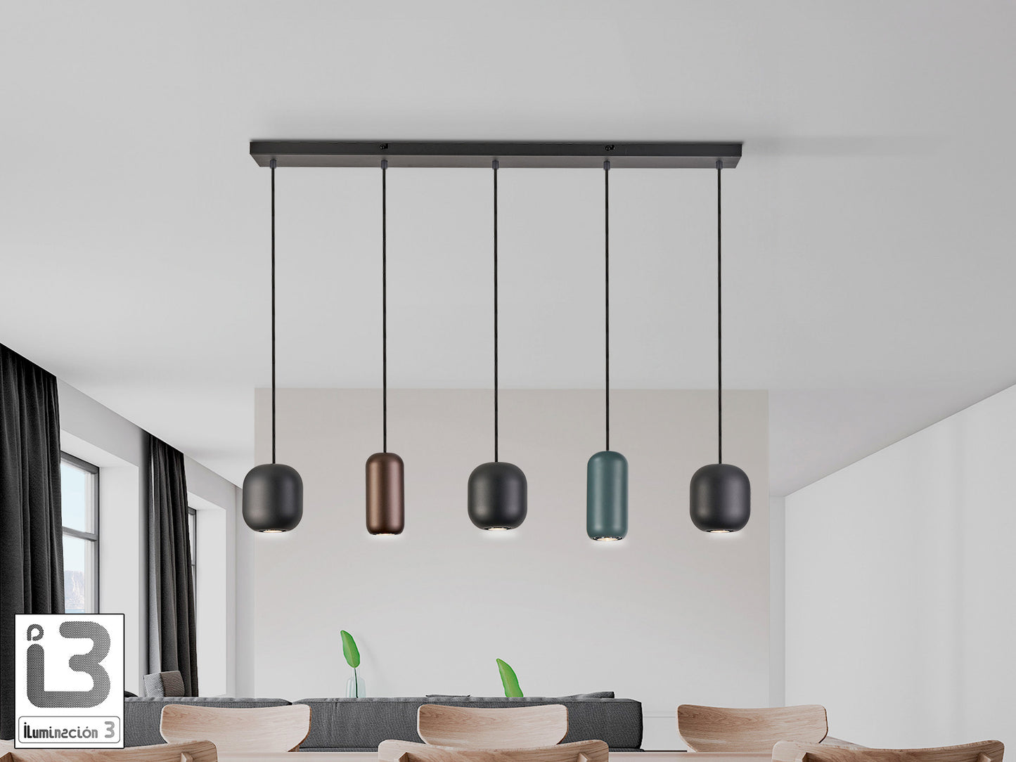 Lámpara de techo Nimes negra de metal con 5 luces, regulable en altura, ideal para comedor y salón. Estilo moderno de Schuller en color negro, marrón y verde.