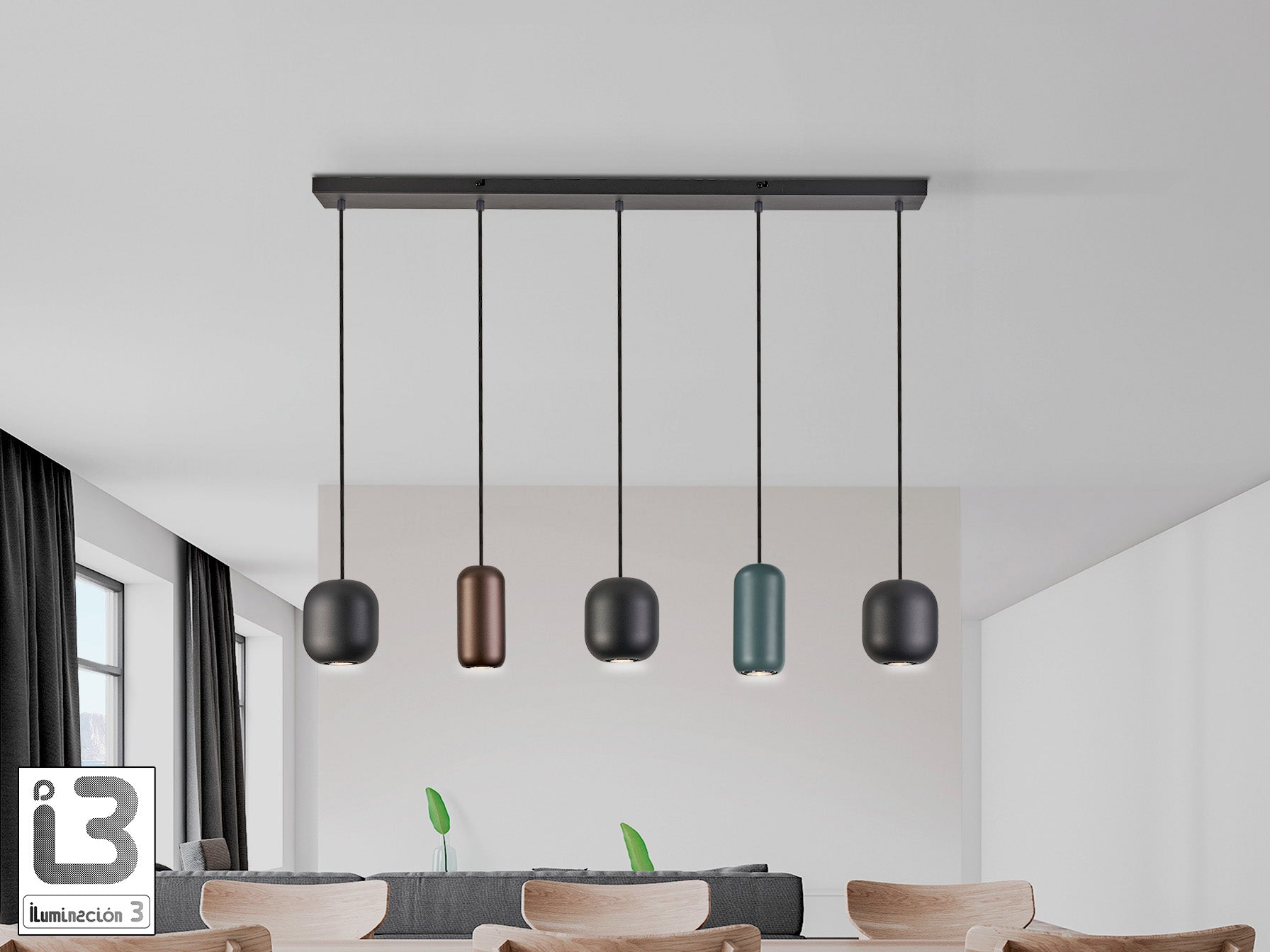 Lámpara de techo Nimes negra de metal con 5 luces, regulable en altura, ideal para comedor y salón. Estilo moderno de Schuller en color negro, marrón y verde.
