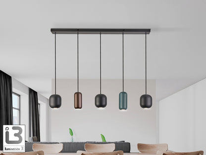 Lámpara de techo Nimes negra de metal con 5 luces, regulable en altura, ideal para comedor y salón. Estilo moderno de Schuller en color negro, marrón y verde.
