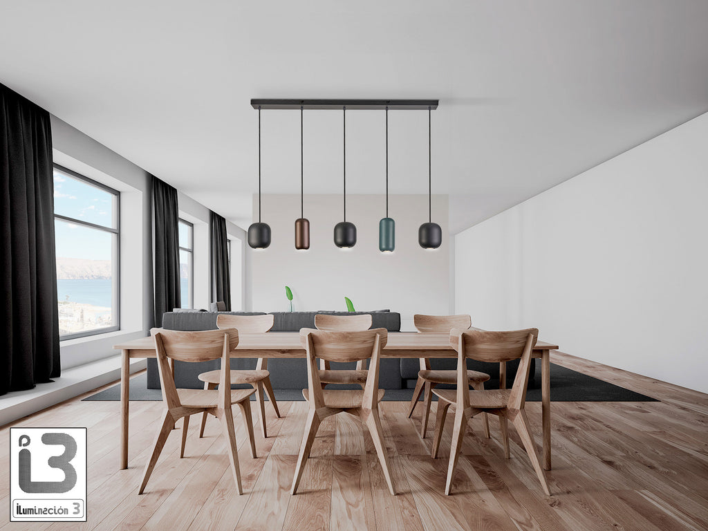 Lámpara de techo Nimes negra de metal con 5 luces, regulable en altura, ideal para comedor y salón. Diseño moderno de Schuller con detalles en marrón y verde. Modelo 12863.