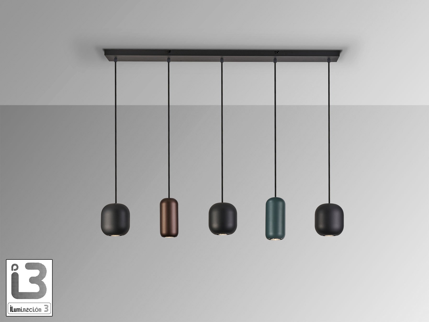 Lámpara de techo Nimes negra de metal con 5 luces, regulable en altura, ideal para comedor y salón de estilo moderno. Marca Schuller.