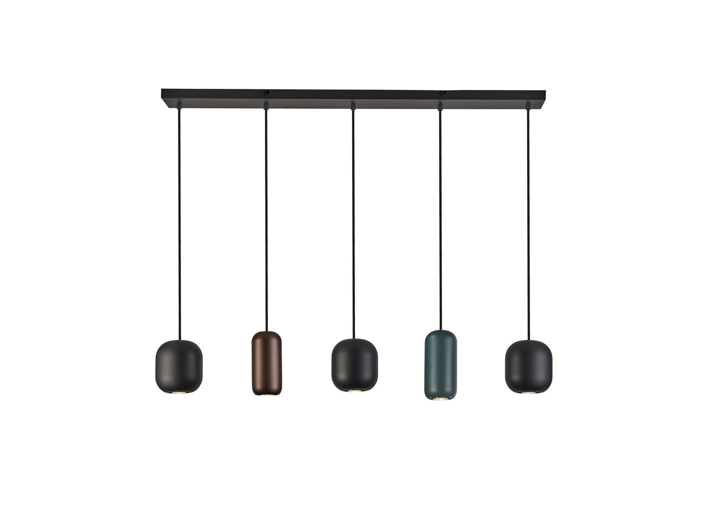 Lámpara de techo Nimes negra de metal con 5 luces, regulable en altura, ideal para comedor y salón. Diseño moderno de Schuller con detalles en verde y marrón. Referencia 12863.