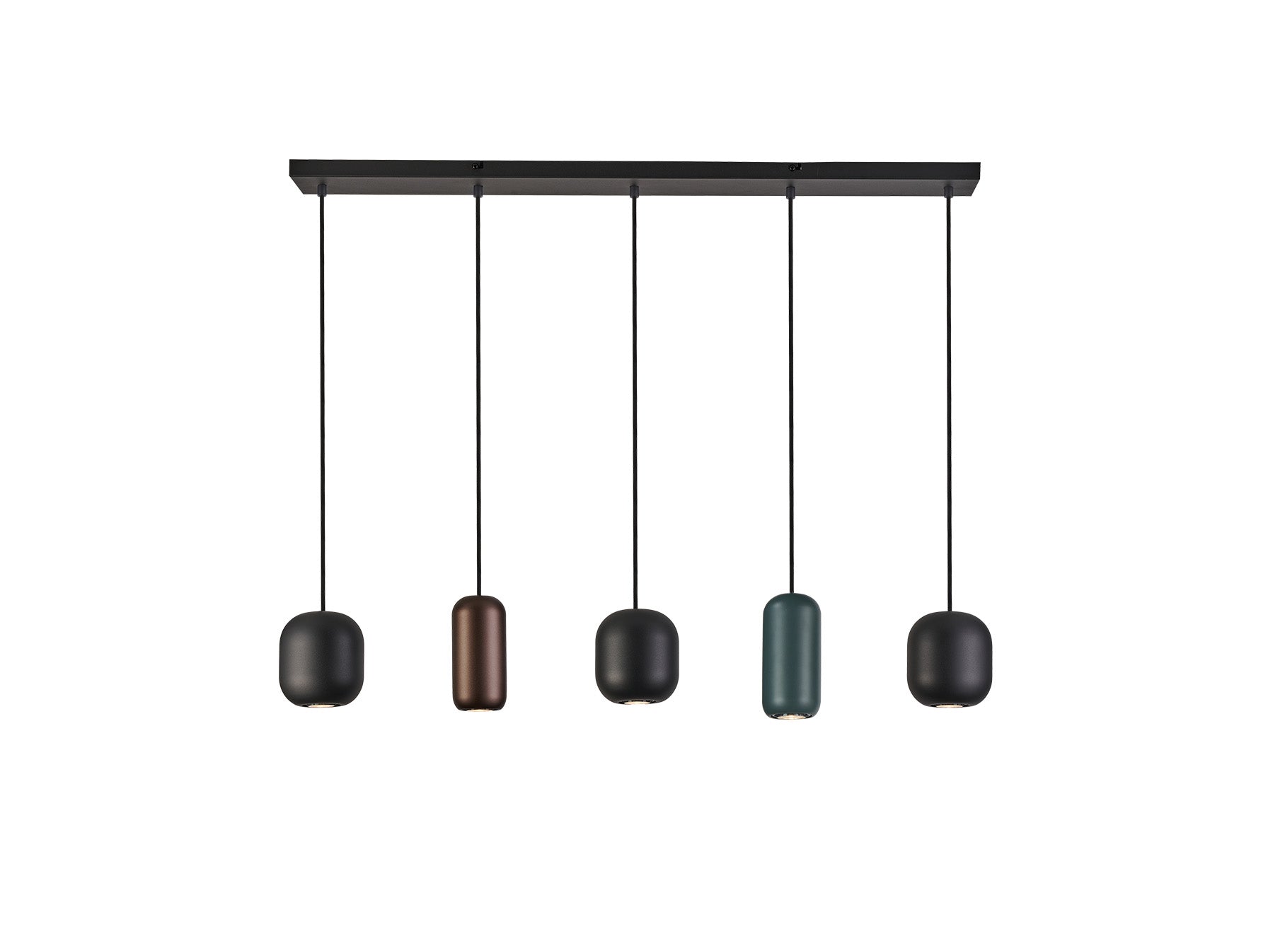 Lámpara de techo Nimes negra de metal con 5 luces, regulable en altura, ideal para comedor y salón. Diseño moderno de Schuller con detalles en verde y marrón. Referencia 12863.