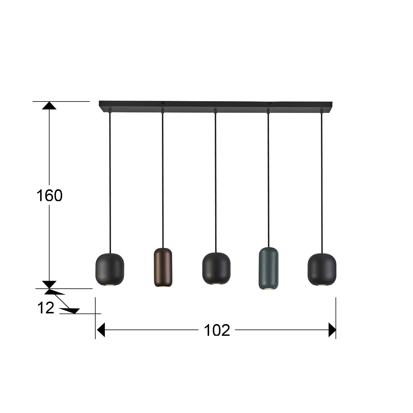 Medidas de Lámpara de techo Nimes negro de 5 luces para comedor y salón, estilo moderno, regulable en altura, metal y vidrio. Disponible en colores marrón y verde. Schuller | 12863