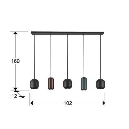 Medidas de Lámpara de techo Nimes negro de 5 luces para comedor y salón, estilo moderno, regulable en altura, metal y vidrio. Disponible en colores marrón y verde. Schuller | 12863