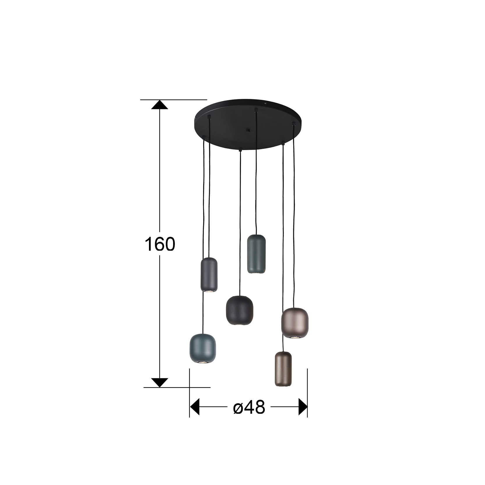 Medidas de Lámpara de techo Nimes 6L negro-colores de Schuller (12872) - Estilo industrial moderno con 6 luces, detalles en metal negro, marrón y verde.