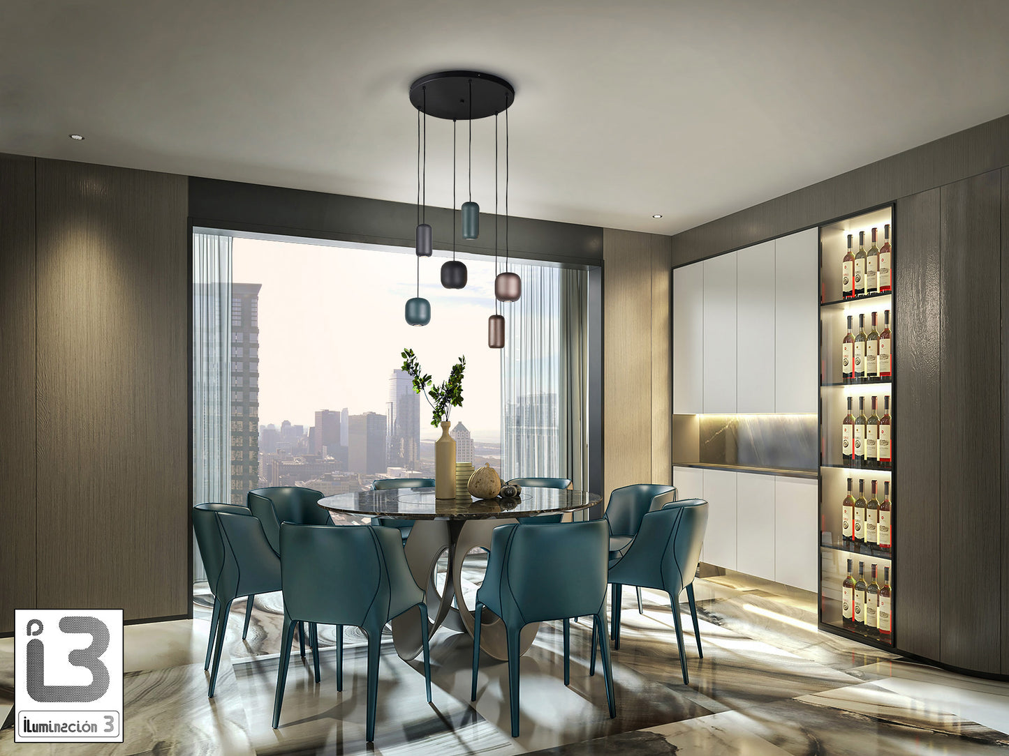 Lámpara de techo Nimes 6L negra de metal con seis luces, estilo industrial y moderno, de la marca Schuller, ideal para iluminación de interiores.