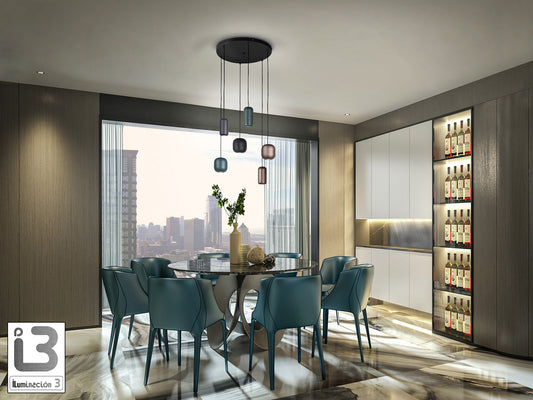 Lámpara de techo Nimes 6L negra de metal con seis luces, estilo industrial y moderno, de la marca Schuller, ideal para iluminación de interiores.