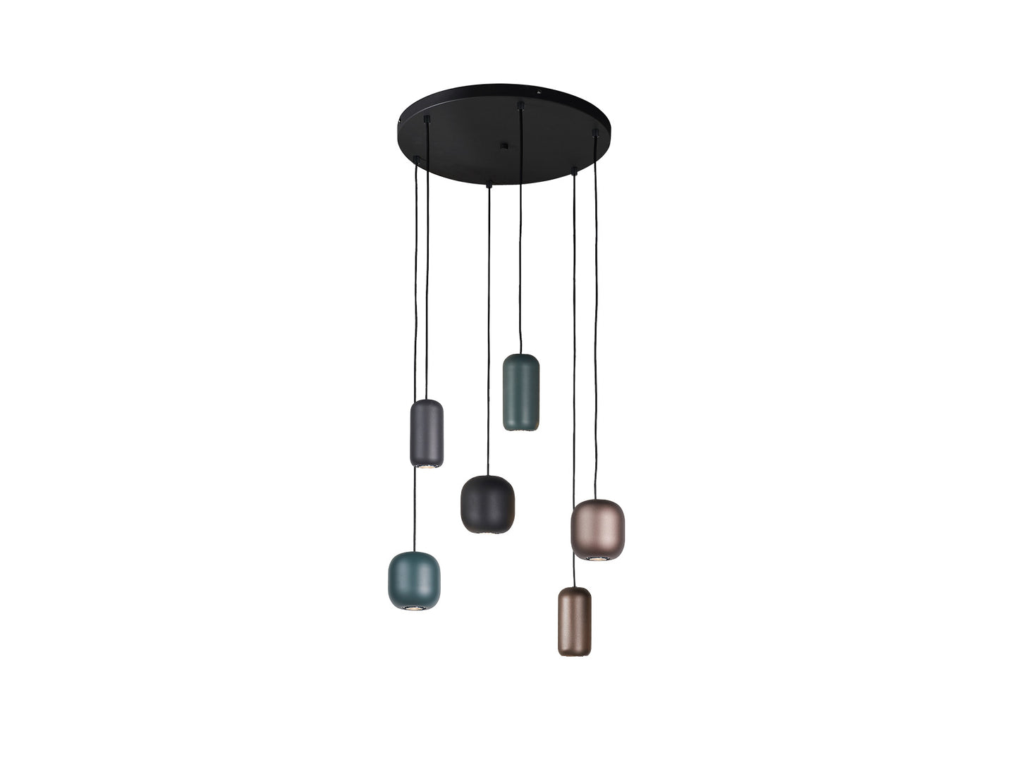 Lámpara de techo Nimes 6L negro de Schuller, estilo industrial moderno con 6 luces, fabricada en metal negro y detalles en marrón y verde.