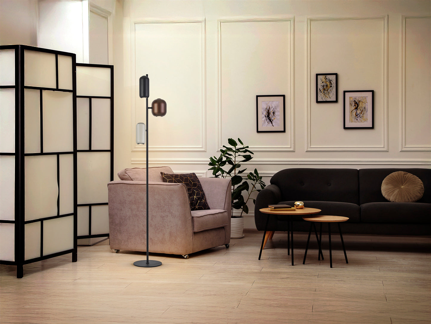 Lámpara de pie Nimes 12962 de Schuller en negro, marrón y gris: diseño moderno con estructura metálica y luz ambiental para iluminación interior.