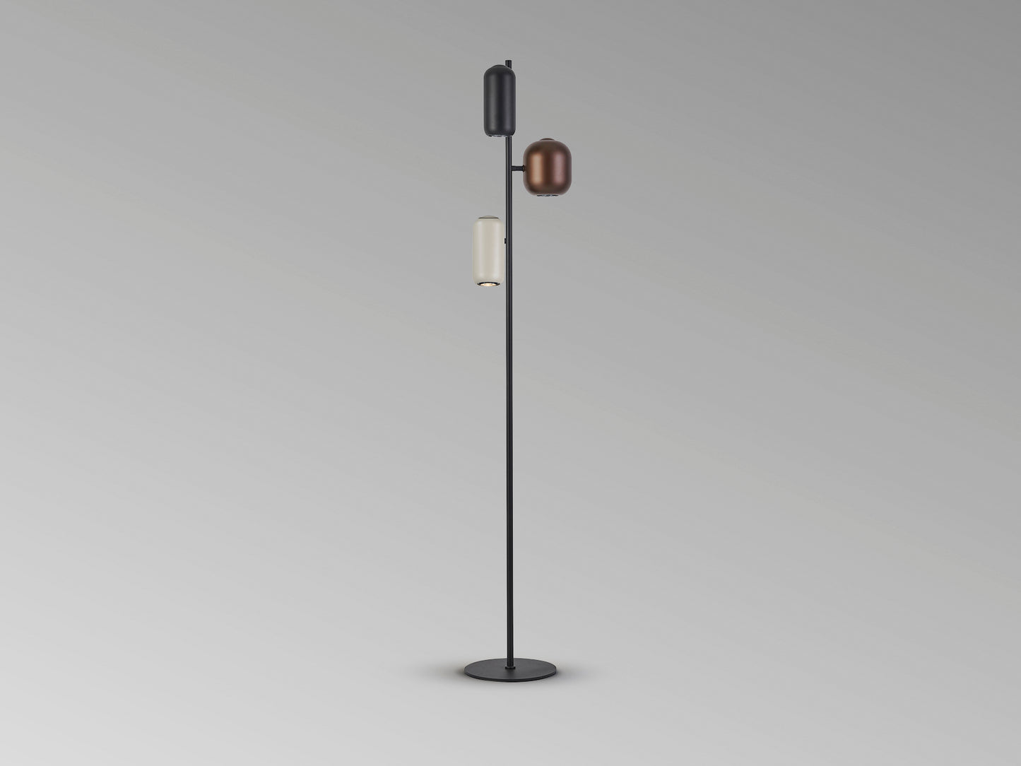 Lámpara de pie I3-Nimes Schuller en negro, marrón y gris, diseño moderno con detalles metálicos. Iluminación interior multicolor ideal para cualquier espacio.