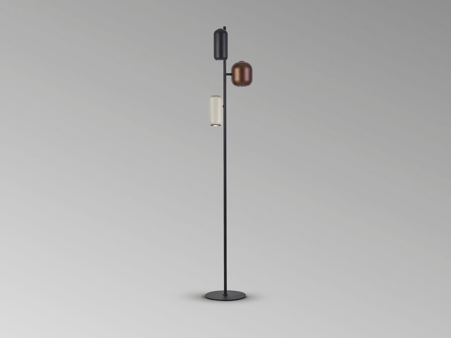 Lámpara de pie I3-Nimes Schuller en negro, marrón y gris, diseño moderno con detalles metálicos. Iluminación interior multicolor ideal para cualquier espacio.