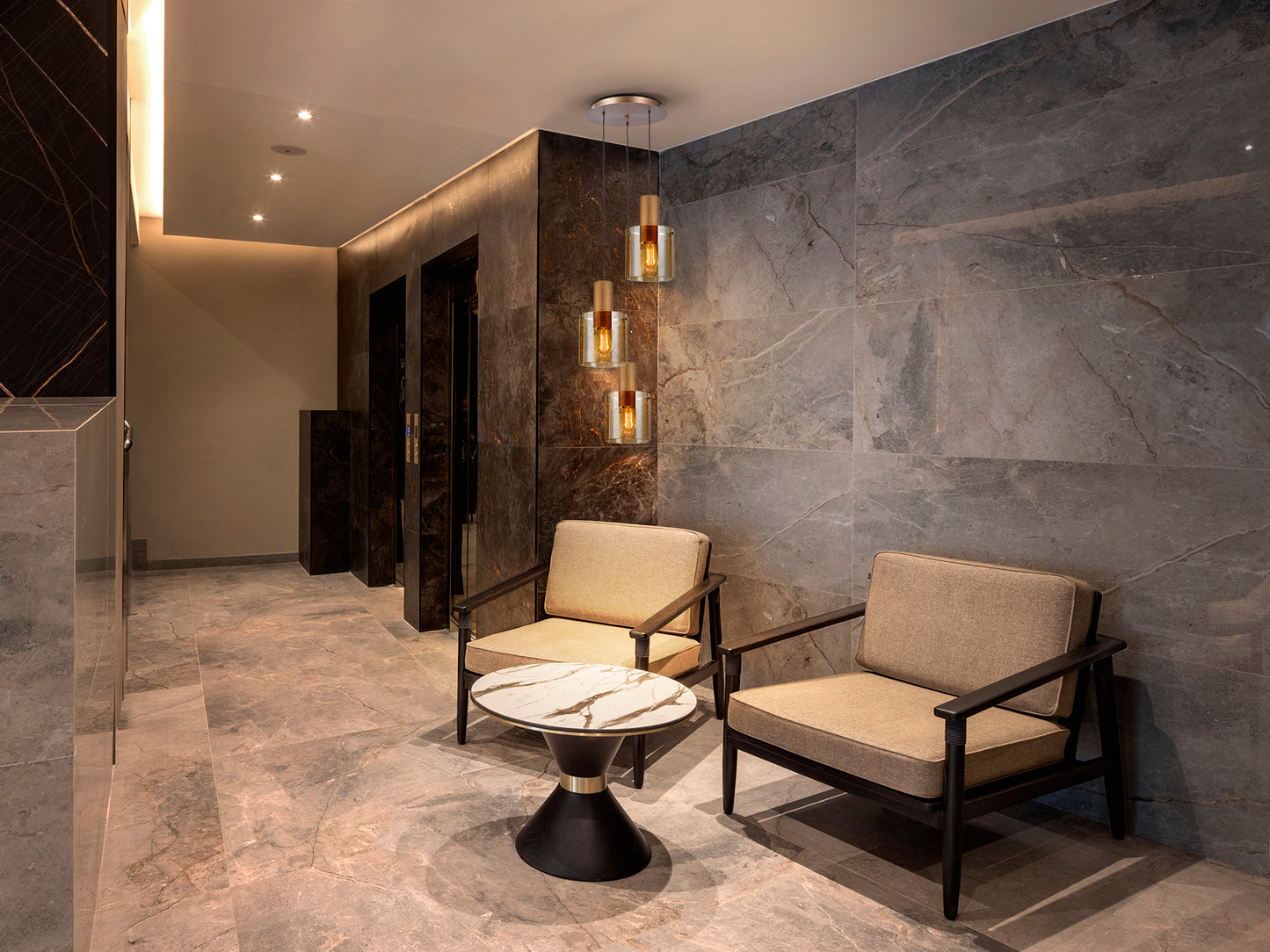 Lámpara de techo Venize cobre y ámbar de Schuller para salón, estilo industrial y mid-century, con detalles en cristal y metal. Modelo 12980.