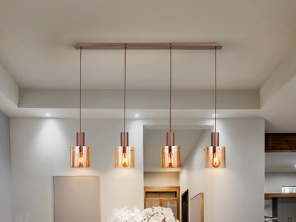 Lámpara de techo Venize 4L cobre-ámbar Schuller: estilo industrial con detalles en cristal y metal, ideal para salones.