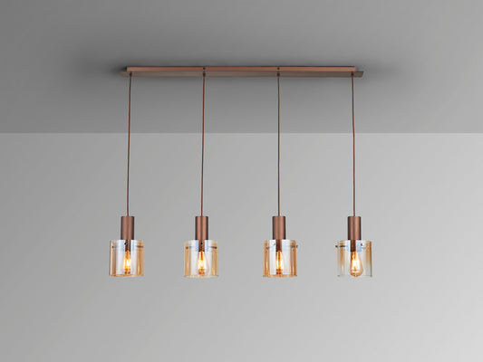 Lámpara de techo Venize 4L cobre-ámbar Schuller, estilo industrial con detalles en cristal y metal, ideal para salón.