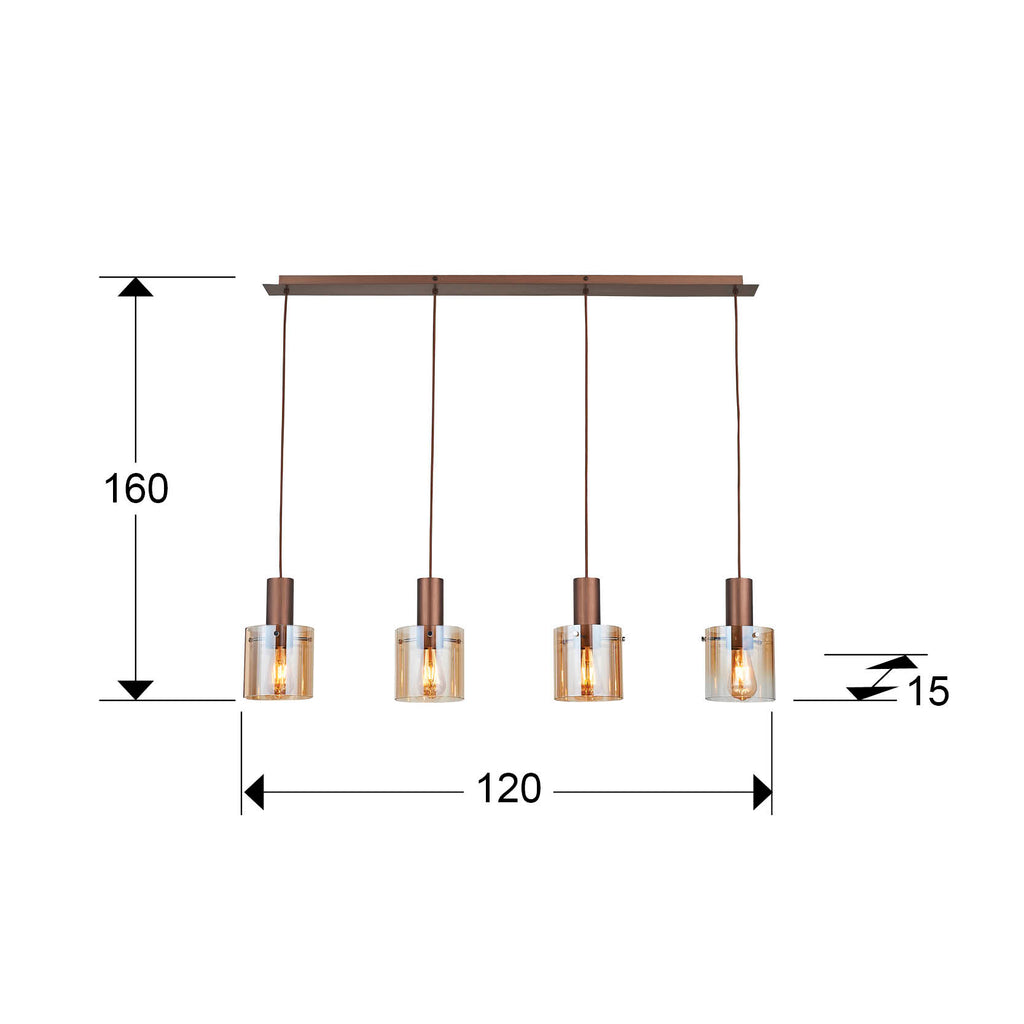 Medidas de Lámpara de techo Venize 4L cobre-ámbar Schuller, estilo industrial mid-century para salón, con detalles en cristal y metal.