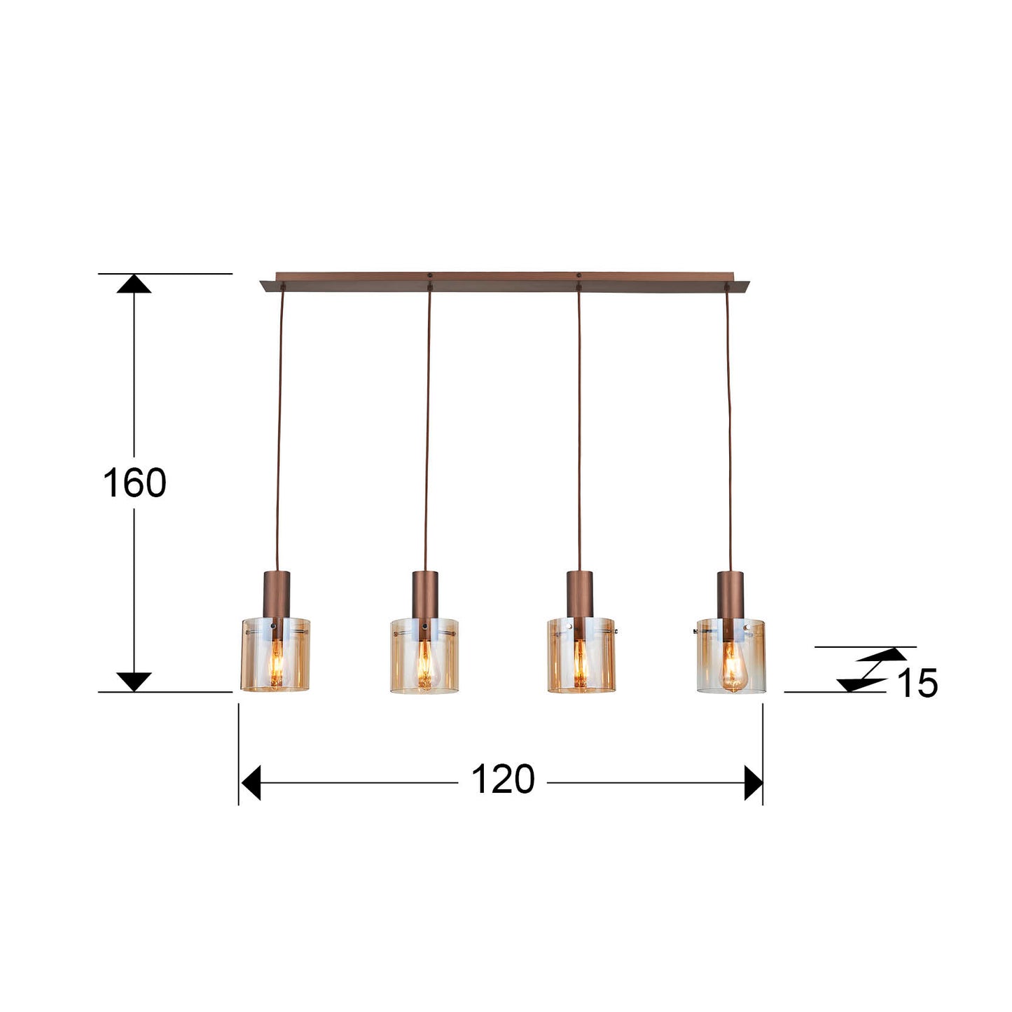Medidas de Lámpara de techo Venize 4L cobre-ámbar Schuller, estilo industrial mid-century para salón, con detalles en cristal y metal.