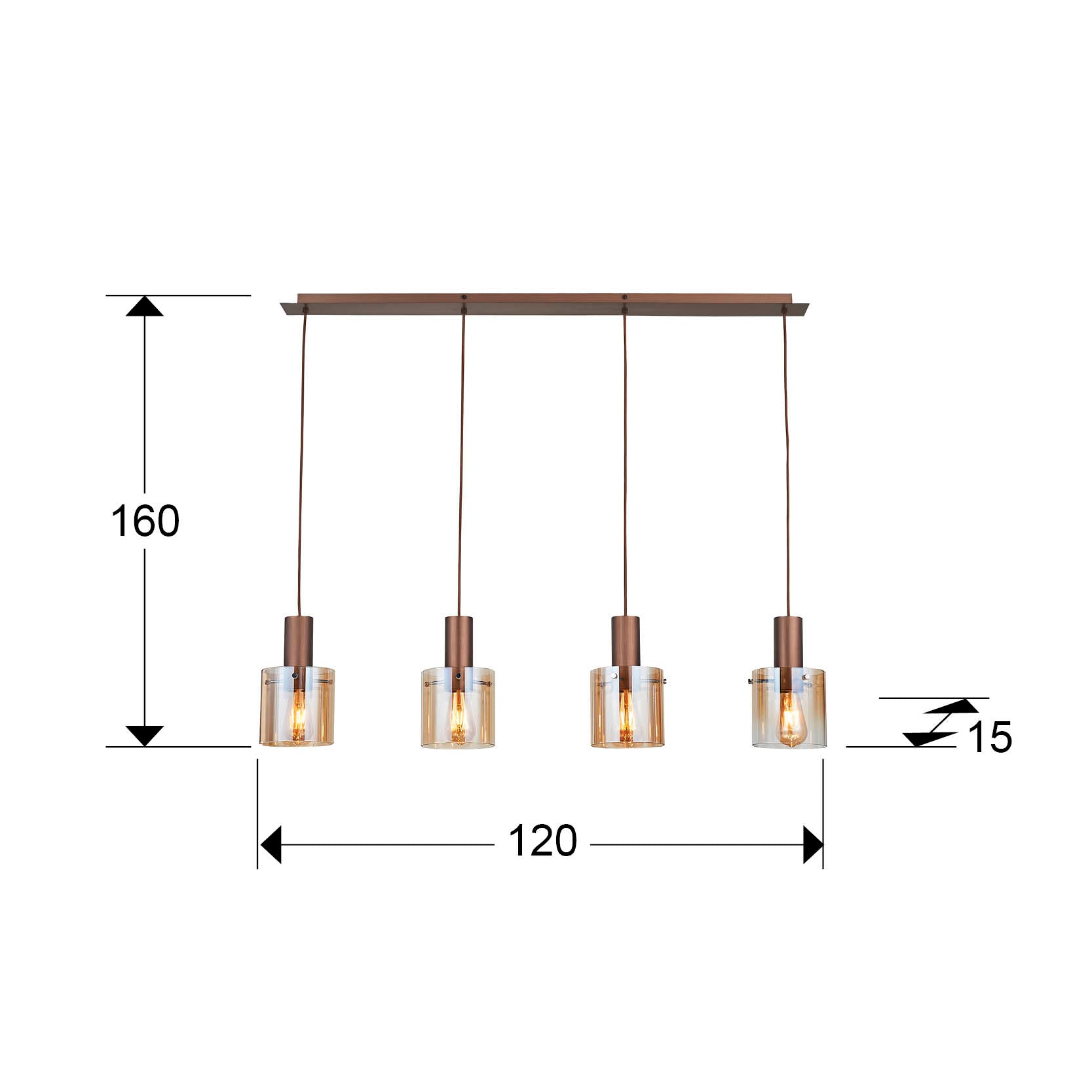 Medidas de Lámpara de techo Venize 4L cobre-ámbar Schuller, estilo industrial mid-century para salón, con detalles en cristal y metal.