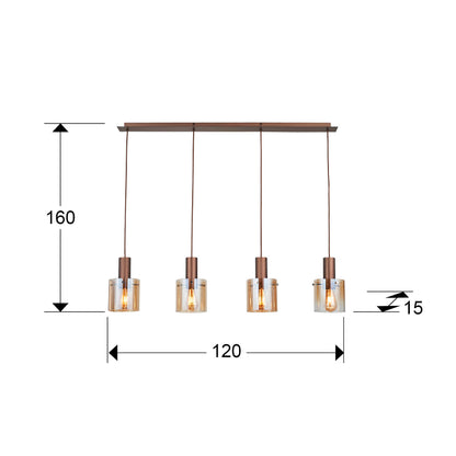Medidas de Lámpara de techo Venize 4L cobre-ámbar Schuller, estilo industrial mid-century para salón, con detalles en cristal y metal.