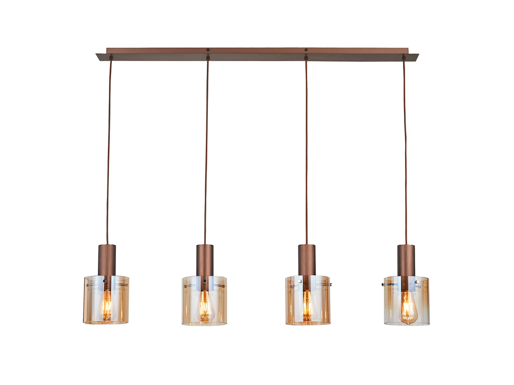 Lámpara de techo Venize 4L cobre-ámbar de Schuller, estilo industrial con detalles en cristal ámbar y metal, ideal para salones mid-century.