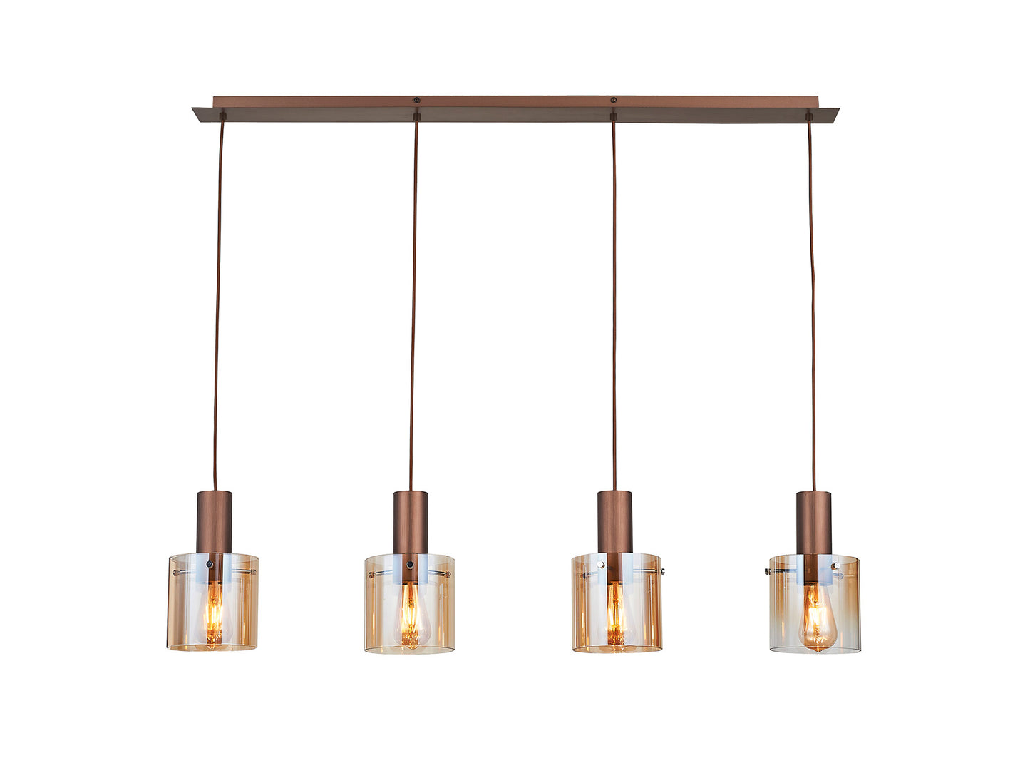 Lámpara de techo Venize 4L cobre-ámbar de Schuller, estilo industrial con detalles en cristal ámbar y metal, ideal para salones mid-century.
