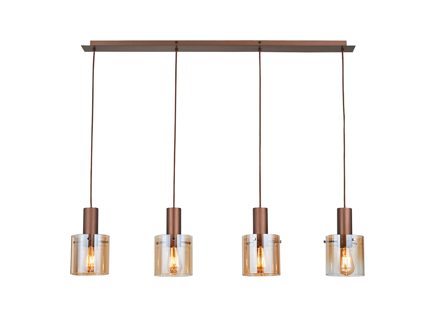 Lámpara de techo Venize 4L cobre-ámbar de Schuller, estilo industrial con detalles en cristal ámbar y metal, ideal para salones mid-century.