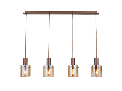 Lámpara de techo Venize 4L cobre-ámbar de Schuller, estilo industrial con detalles en cristal ámbar y metal, ideal para salones mid-century.