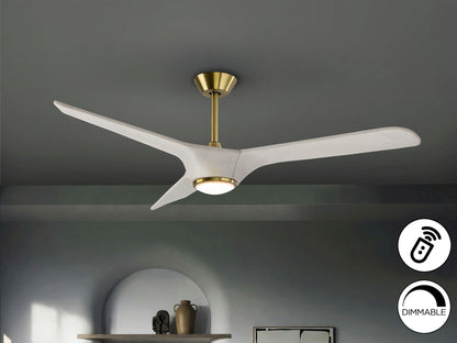 Ventilador de techo Alisios blanco y bronce con luz LED dimmable, moderno, ideal para salón. Colección Schuller con motor DC.