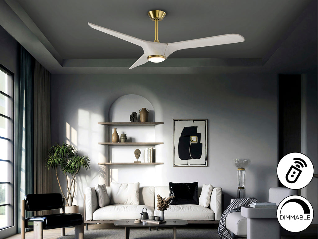 Ventilador de techo Alisios blanco y bronce con luz LED dimmable, ideal para salón. Diseño moderno, motor DC y colección Schuller.