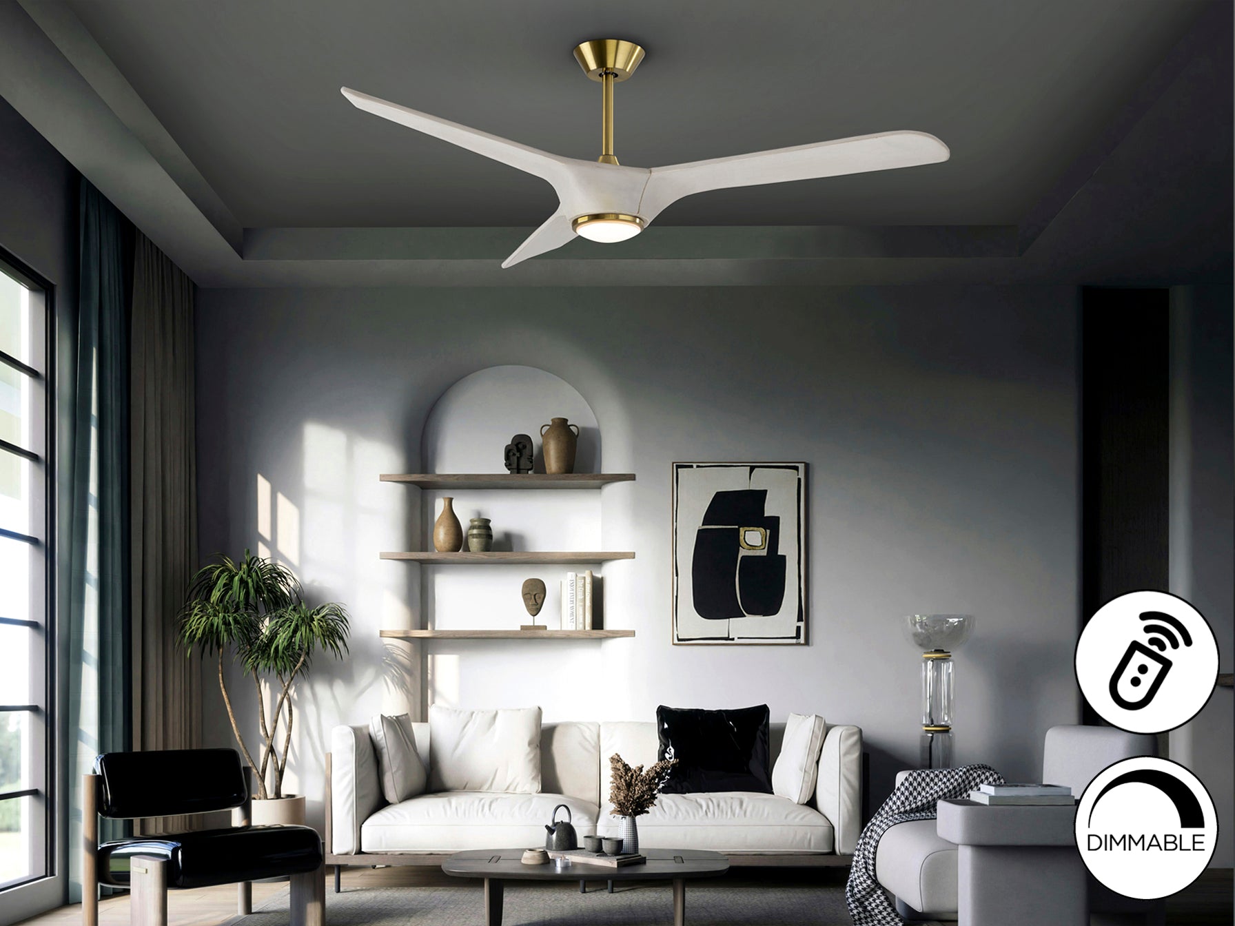 Ventilador de techo Alisios blanco y bronce con luz LED dimmable, ideal para salón. Diseño moderno, motor DC y colección Schuller.