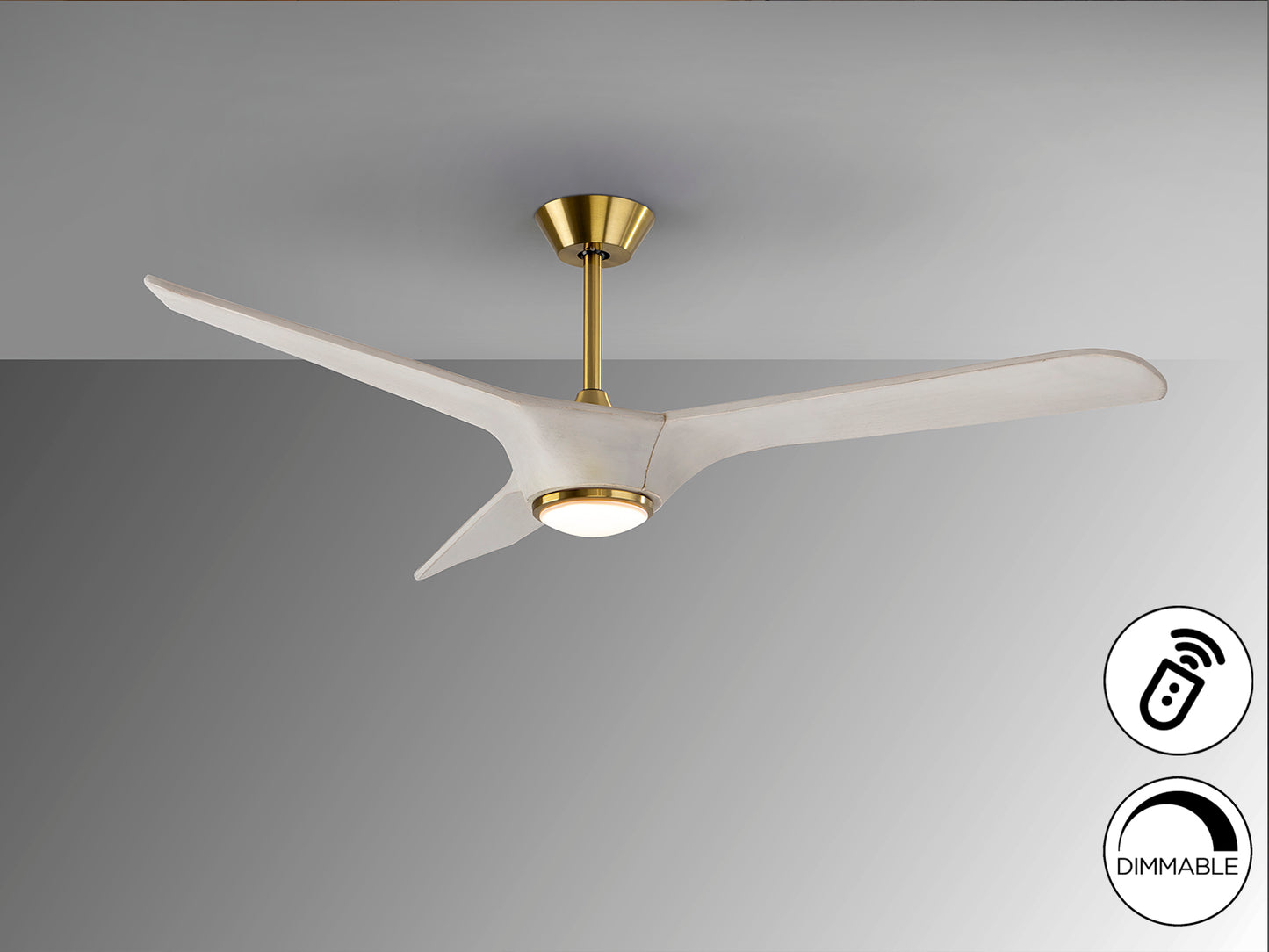 Ventilador de techo Alisios blanco y bronce con luz LED dimmable, moderno, motor DC, ideal para salón - Colección Schuller