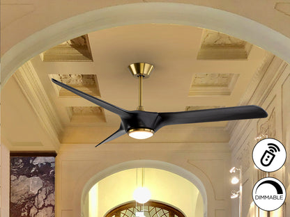 Ventilador de techo ALISIOS negro y bronce Schuller con luz LED regulable y aspas de madera de 152cm, motor DC de 6 velocidades, ideal para la iluminación y ventilación eficiente de espacios.