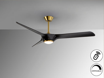 Ventilador de techo ALISIOS negro-bronce Schuller con luz LED regulable y aspas de madera de 152cm. Motor DC eficiente. Ideal para iluminación y ventilación en el hogar.