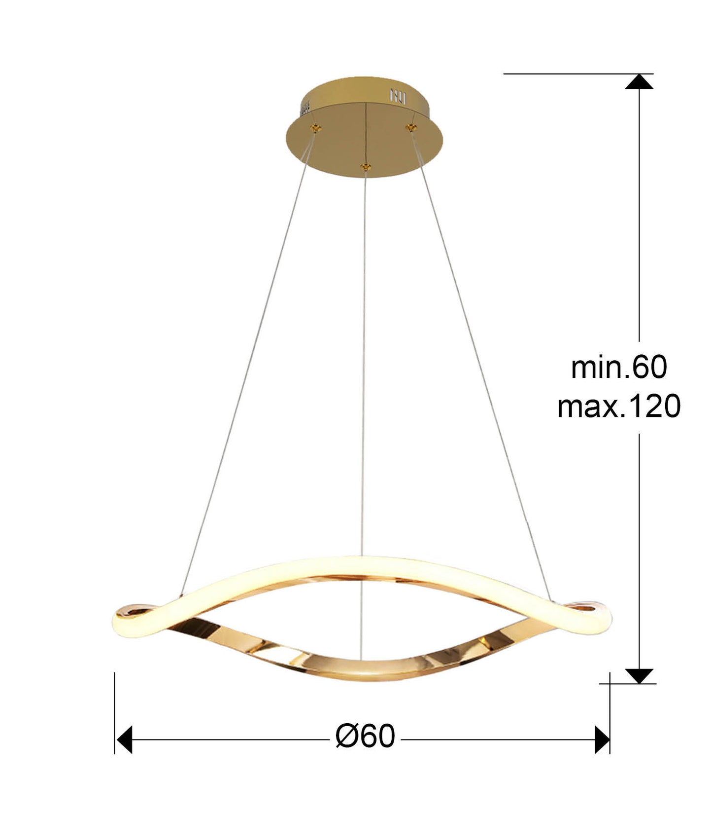 Medidas de Lámpara de techo Naos 1 aro D60 oro rosa Schuller, ideal para comedor y salón. Diseño moderno, colgante con LED regulable en altura.