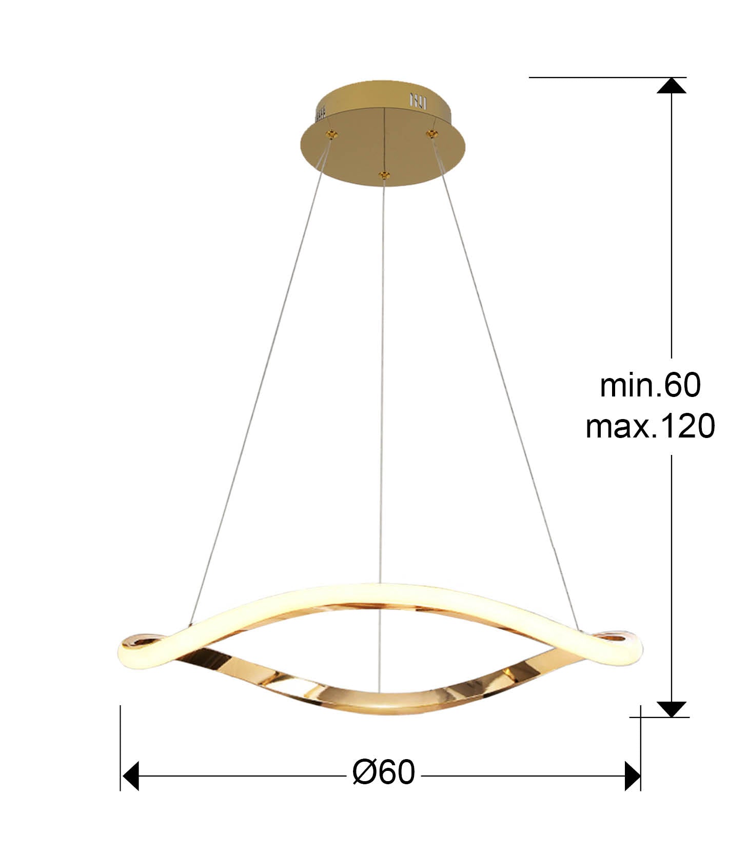 Medidas de Lámpara de techo Naos 1 aro D60 oro rosa Schuller, ideal para comedor y salón. Diseño moderno, colgante con LED regulable en altura.