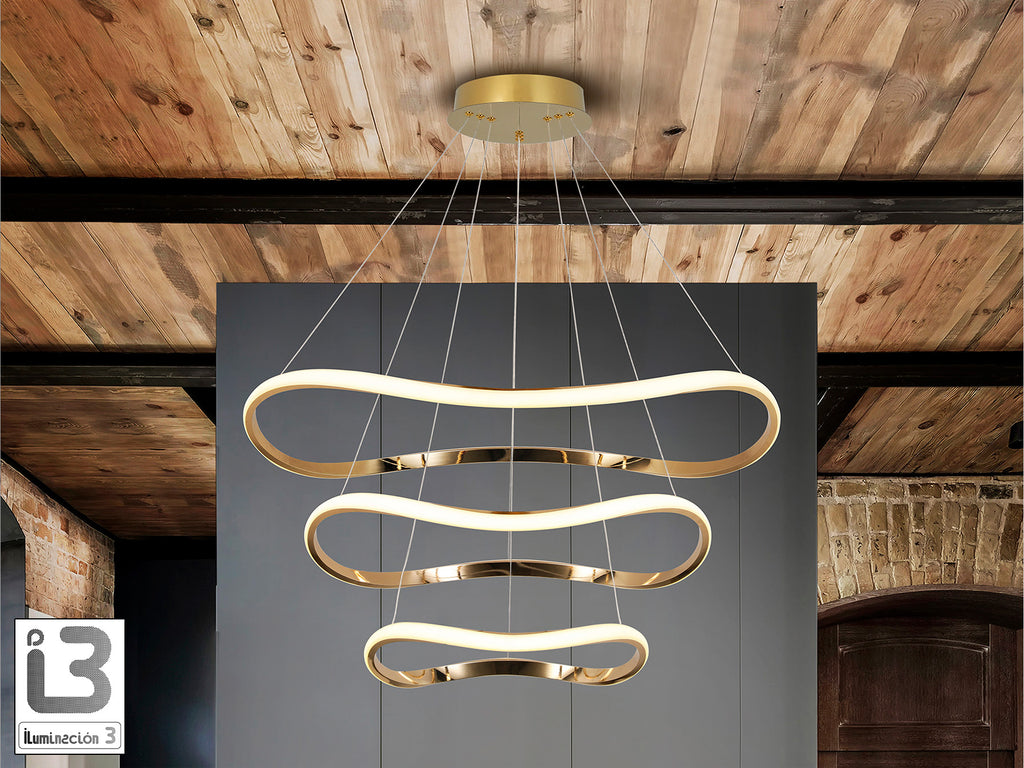 Lámpara de techo Naos 3 aros oro rosa de Schuller (151038) colgando en un salón moderno, con diseño de 3 aros, luz cálida regulable, ideal para iluminación de hogar y dormitorio.