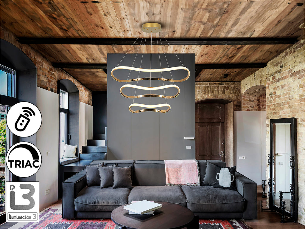 Lámpara de techo Naos 3 aros oro rosa de Schuller iluminando un salón moderno, con diseño regulable y luz cálida para el hogar.